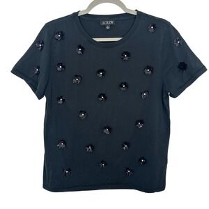 J Crew Black Sequin Flower Embellished Short Sleeve T Shirt Womens Medium